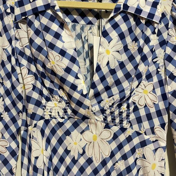 Rixo 2 Renata Blue Gingham Daisy Floral Collared Long Sleeve Mini Dress Retro - Picture 6 of 12